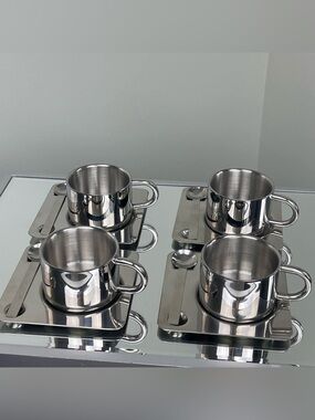LoveEcru  Classy Mirror Stainless Steel Espresso Cup Set Saucer Spoon 5.5oz